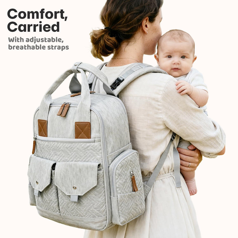 JSTPRO diaper bag interior layout with 14 pockets and two main compartments.