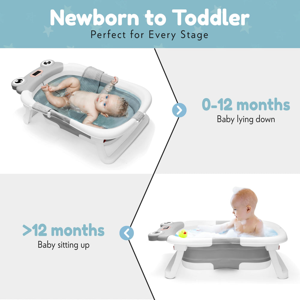 JT Cosas collapsible bathtub with mesh seat enables comfy newborn soaks.