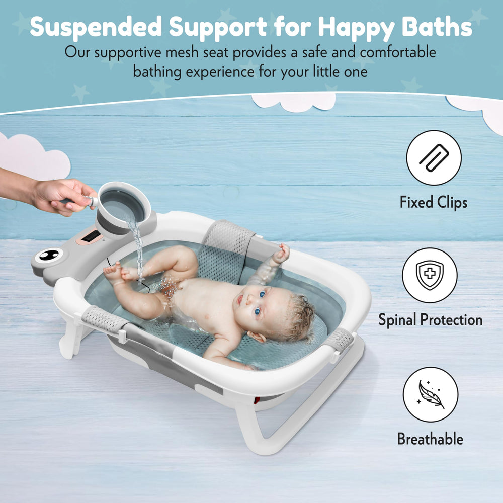 JT Cosas collapsible bathtub built-in thermometer helps monitor bath temperature.