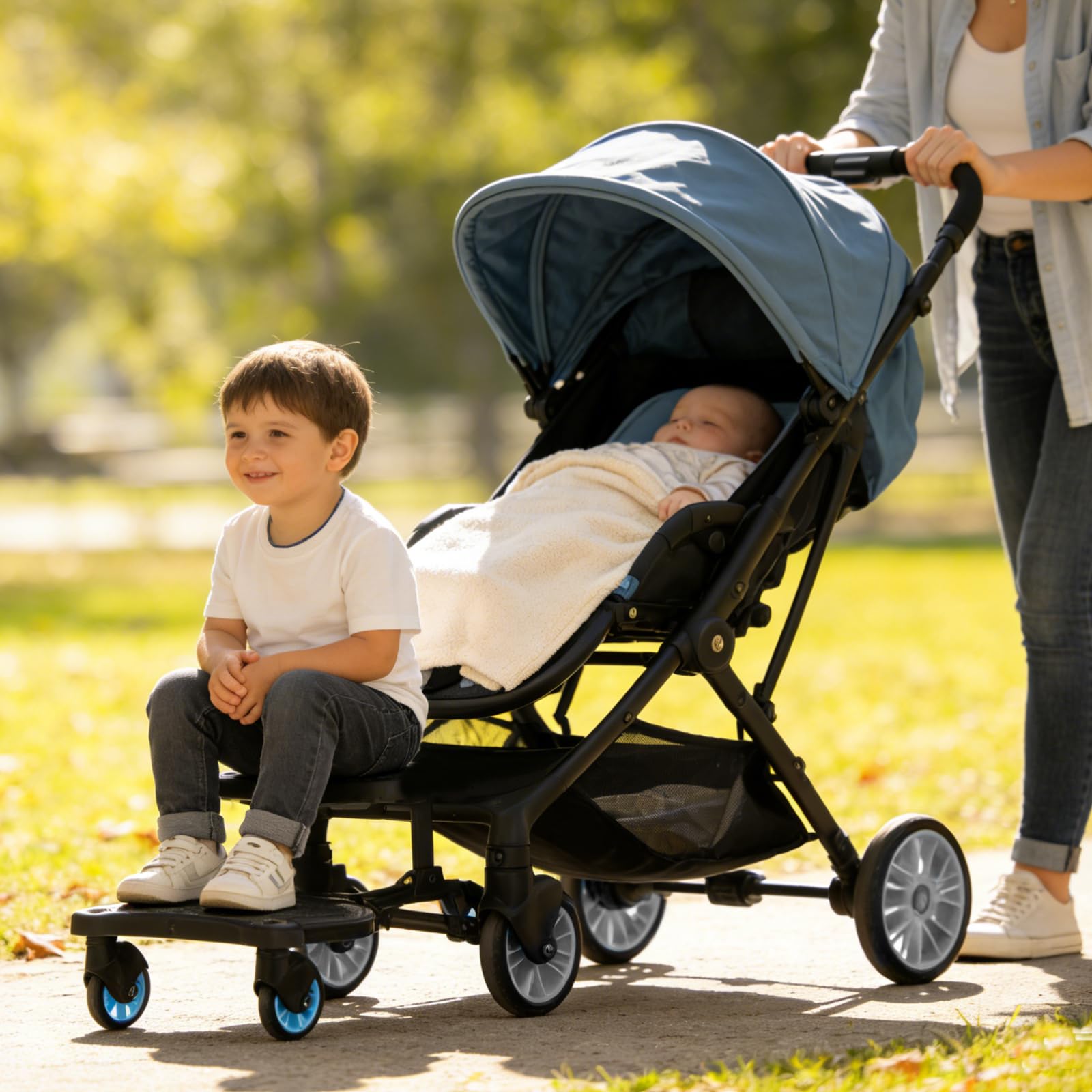 JUANWAN two-child travel blue; a convenient alternative to bulky double strollers.