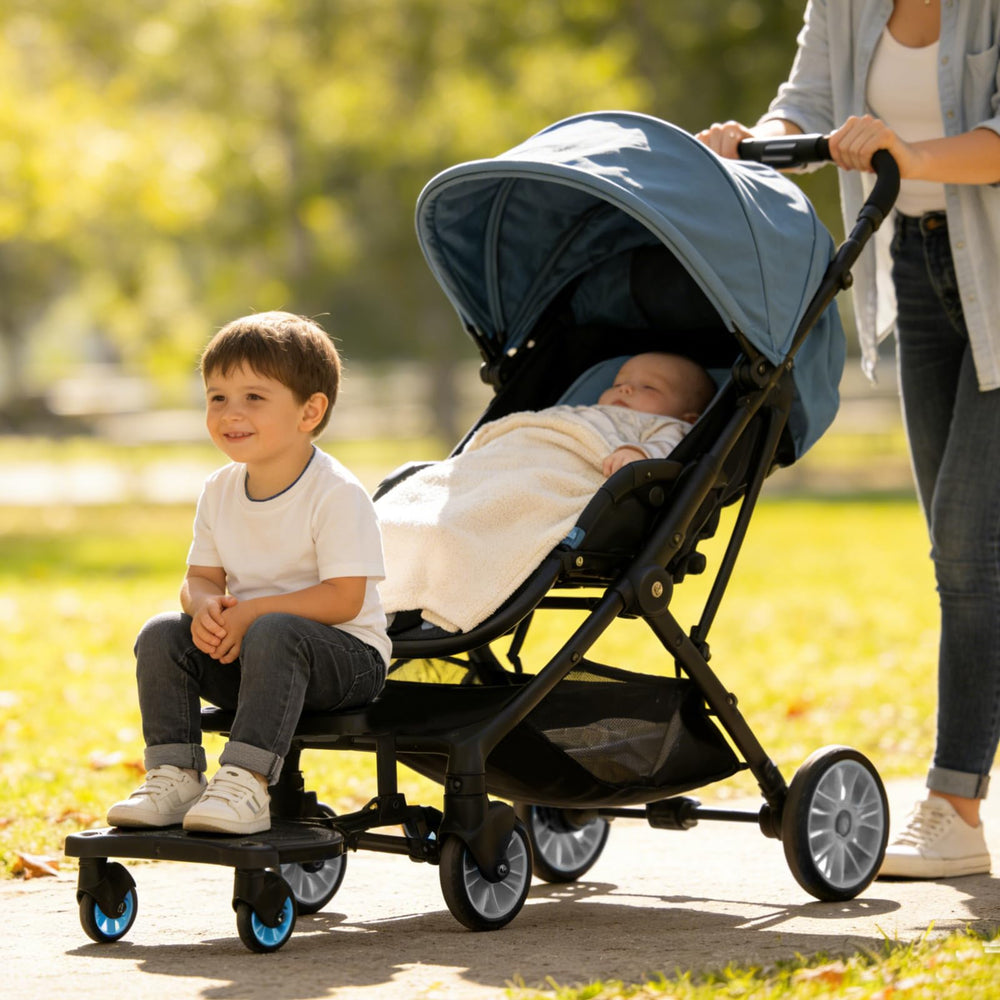 JUANWAN two-child travel blue; a convenient alternative to bulky double strollers.