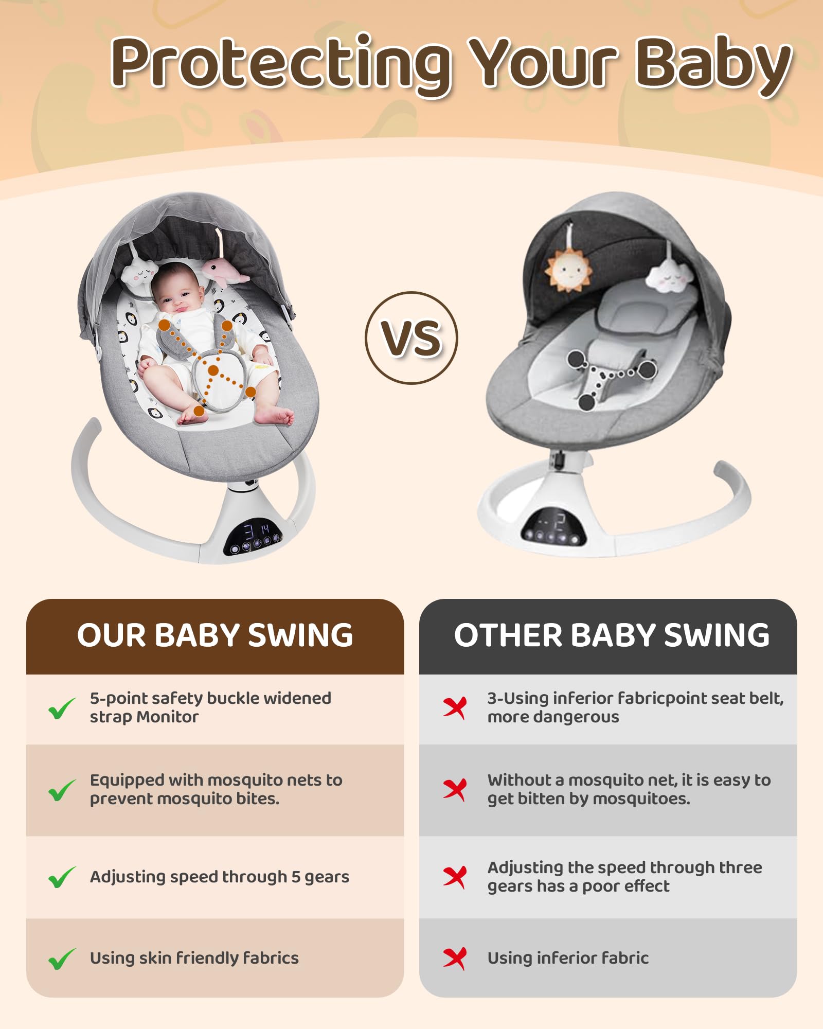 JUITOY baby swing with Bluetooth music for calming melodies.