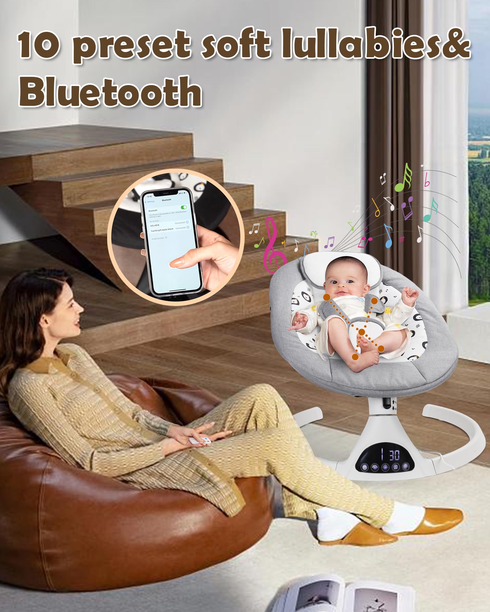 JUITOY baby swing includes two toys to boost interaction.