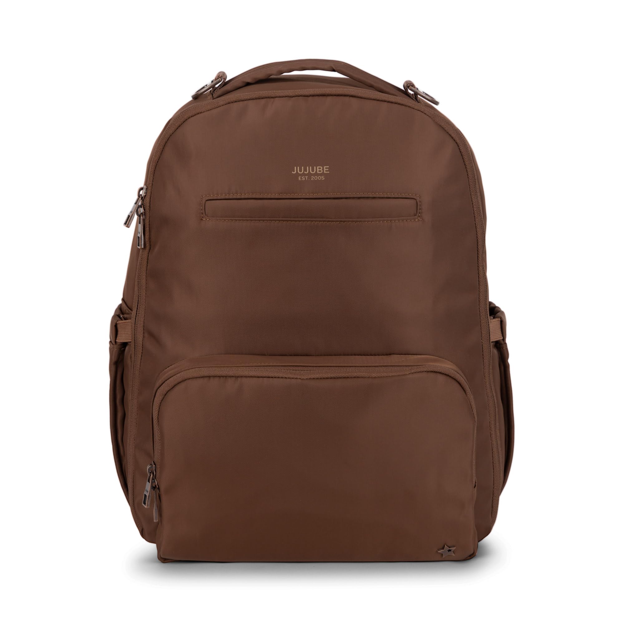 JuJuBe Classic Diaper Backpack Espresso front view with organized compartments for quick access.