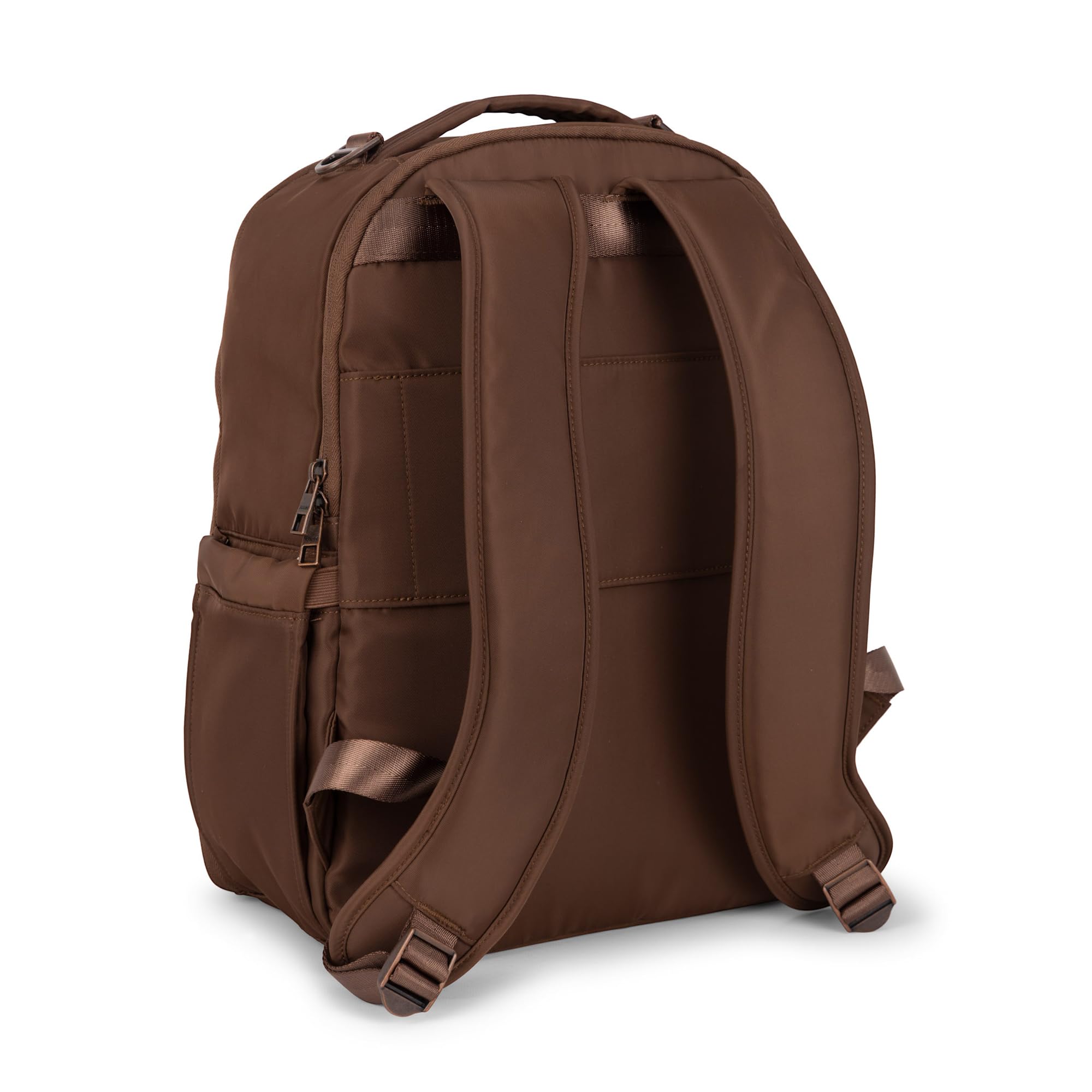 JuJuBe Espresso diaper backpack open showing changing pad and nested pockets.