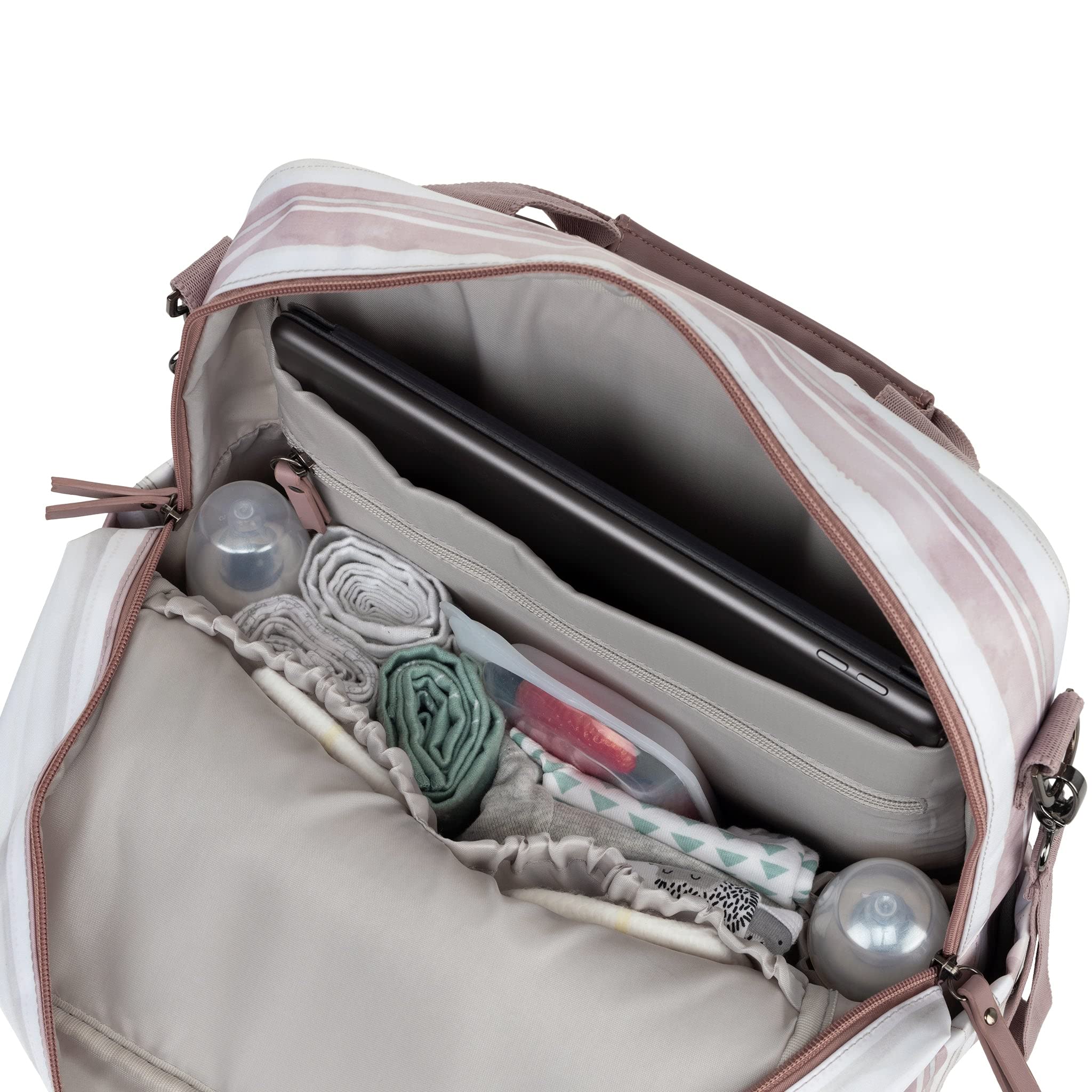 JuJuBe Nature Babe includes memory foam changing pad for on-the-go changes.
