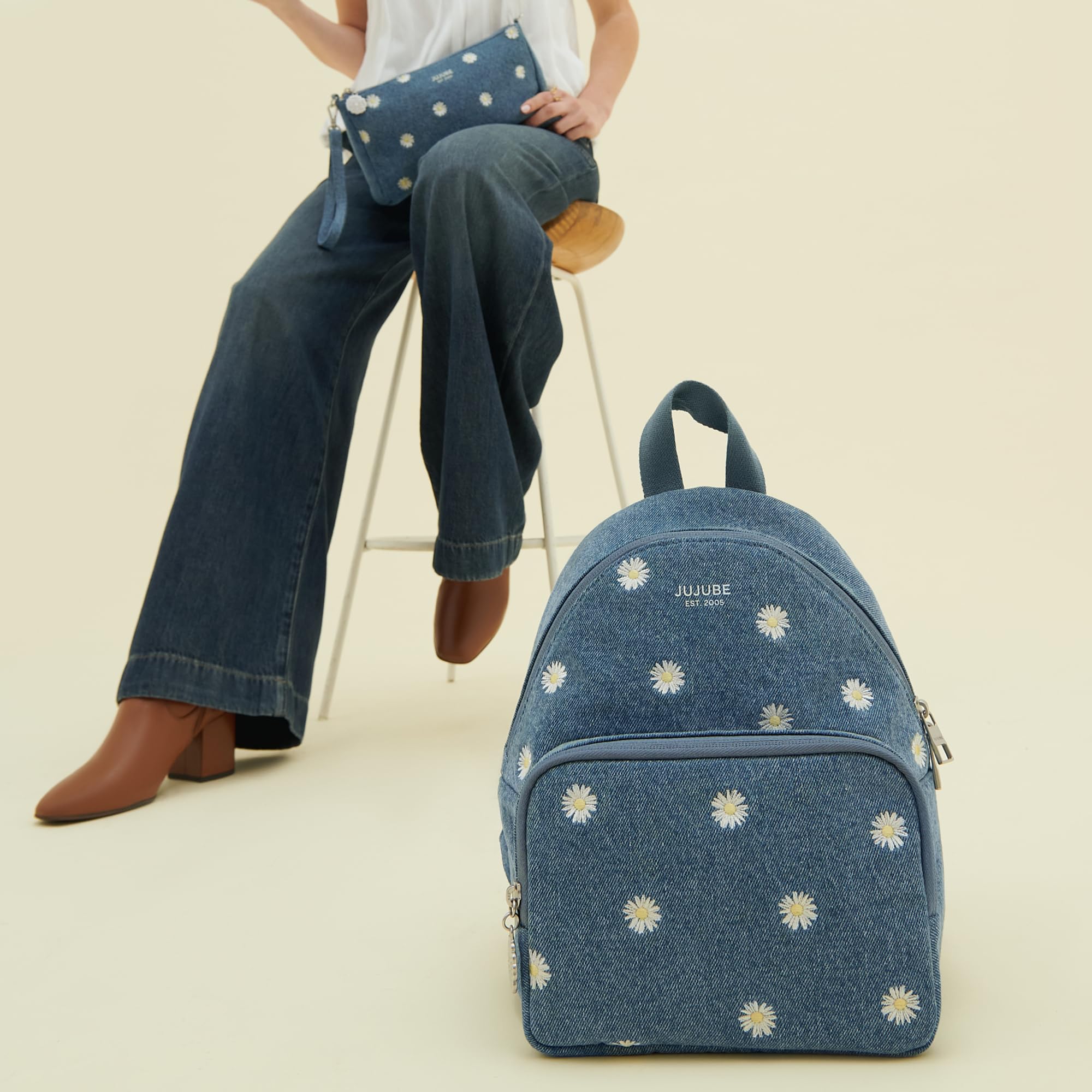 JuJuBe mini diaper bag backpack travel-ready denim & daisies blue