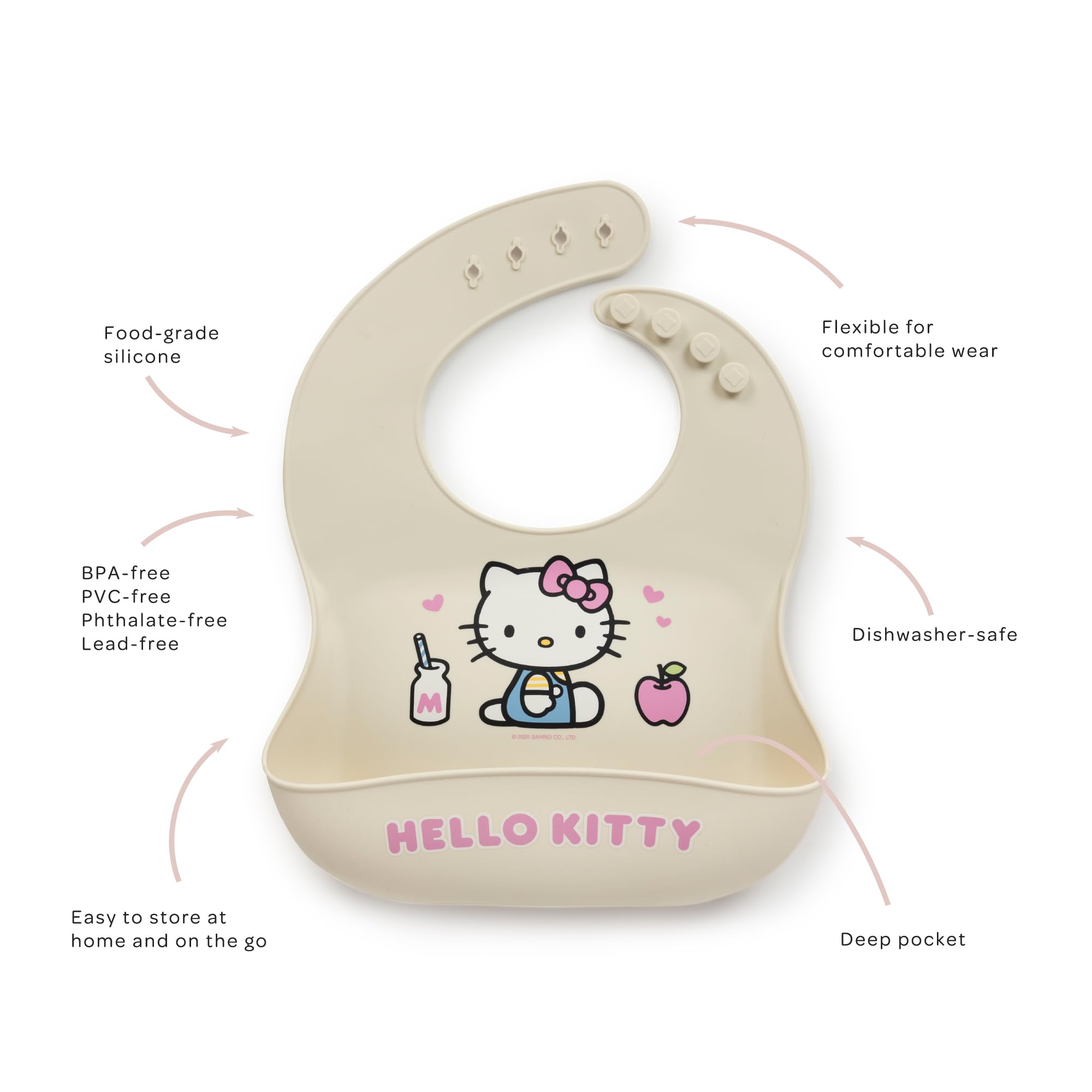 JuJuBe Hello Kitty Cherry Blossoms bib dishwasher-safe for easy cleanup after meals.
