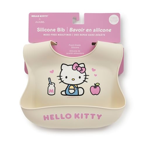 JuJuBe Hello Kitty Cherry Blossoms bib pocket detail highlighting the deep mess-catching pocket.