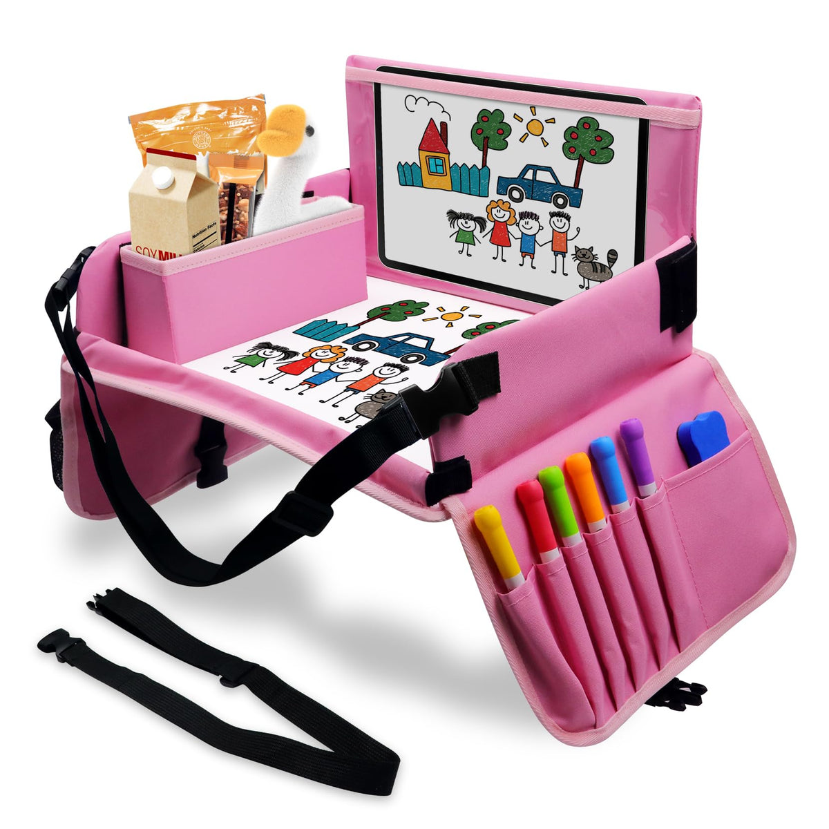 Julaiwy pink car seat tray with cup holder keeps snacks organized during travel