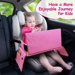 Julaiwy pink tray shows mesh pockets for small toys and crayons within reach