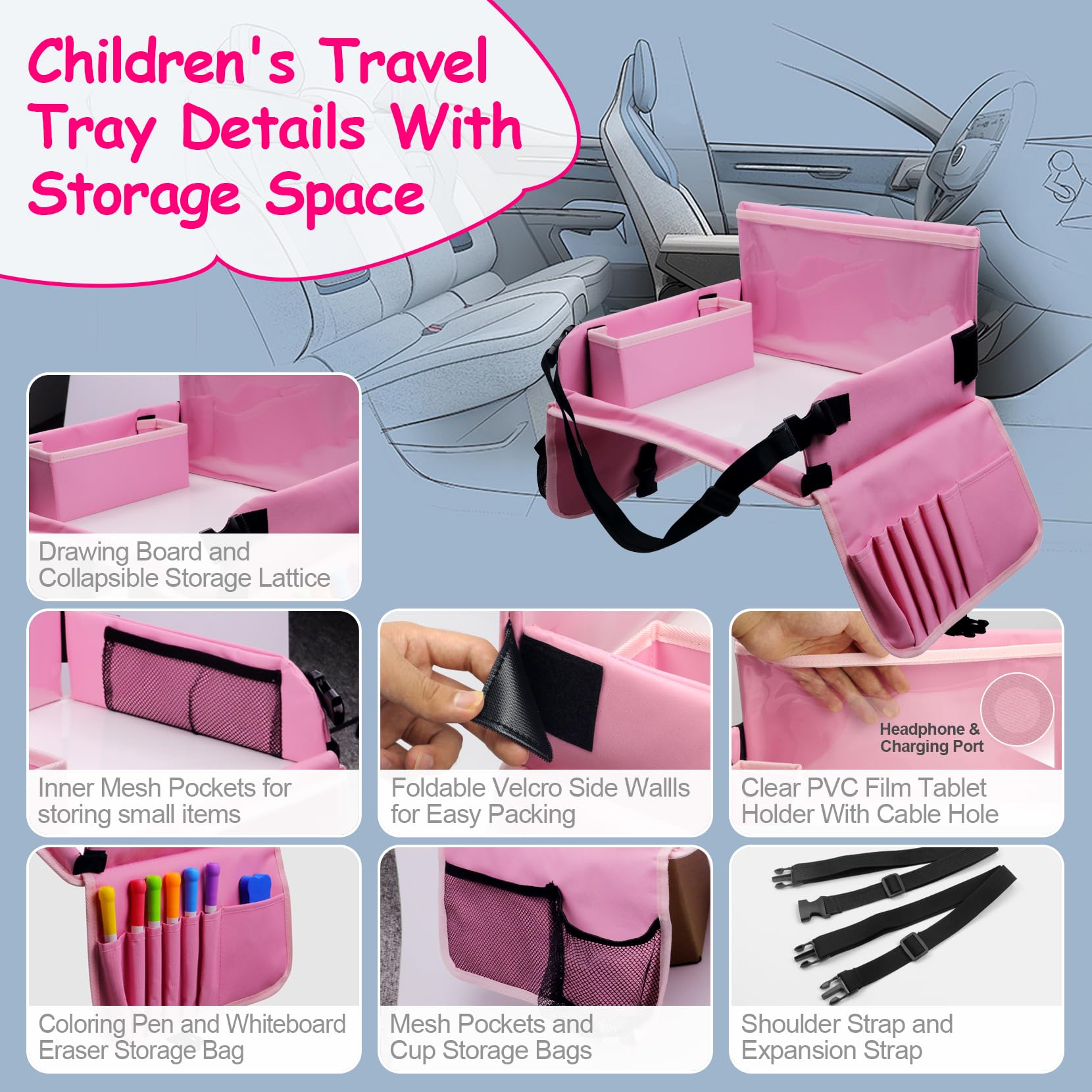 Julaiwy pink tray features long straps fitting many car seats securely
