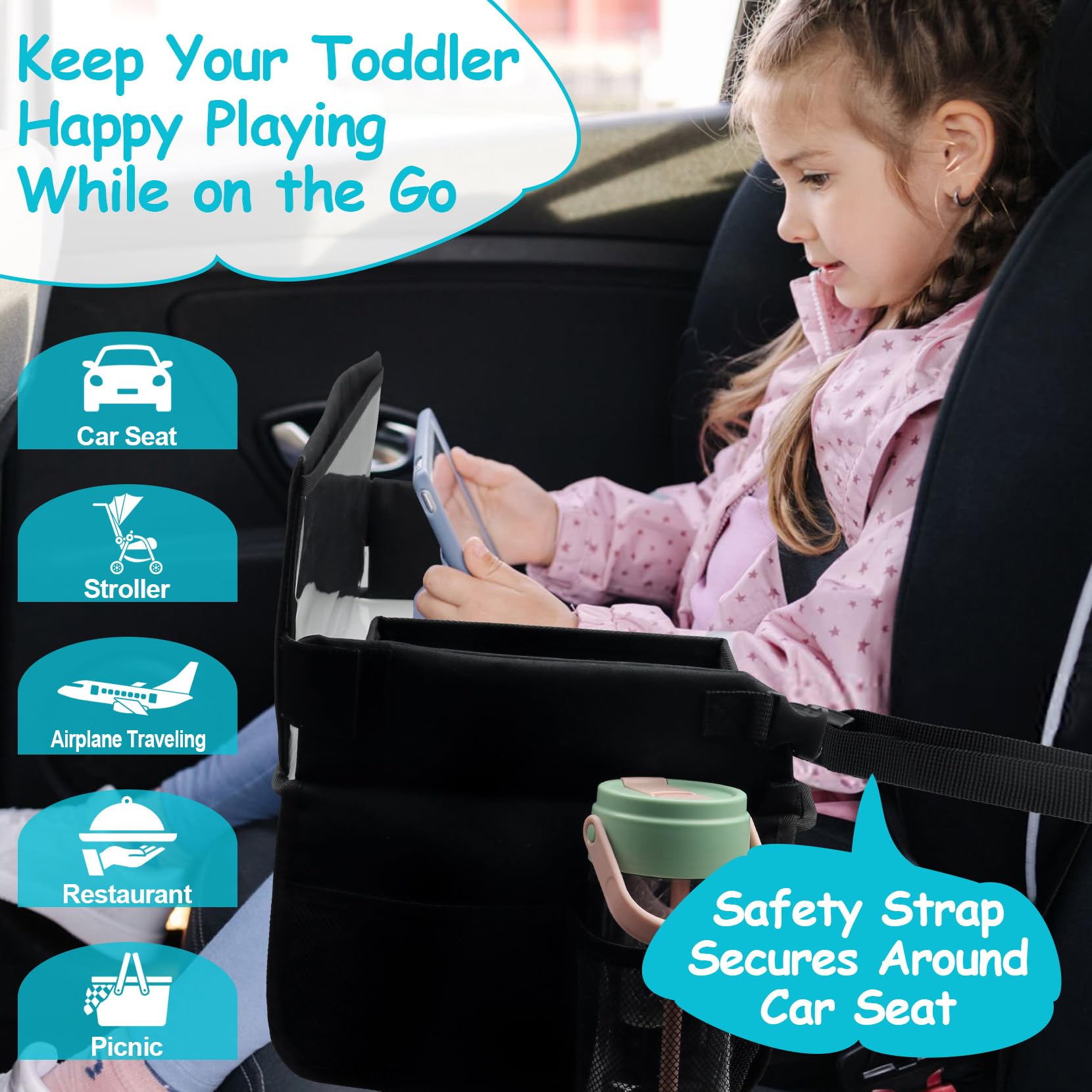 Julaiwy travel tray showing mesh pockets for snacks and small toys during car trips