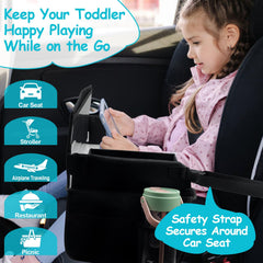 Julaiwy travel tray showing mesh pockets for snacks and small toys during car trips