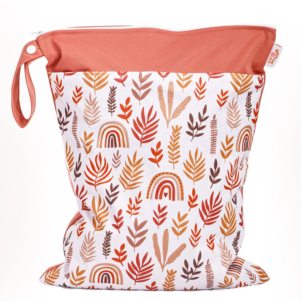 JuleLyn wet bag with rainbow leaf design, waterproof interior for beach gear and swimsuits.