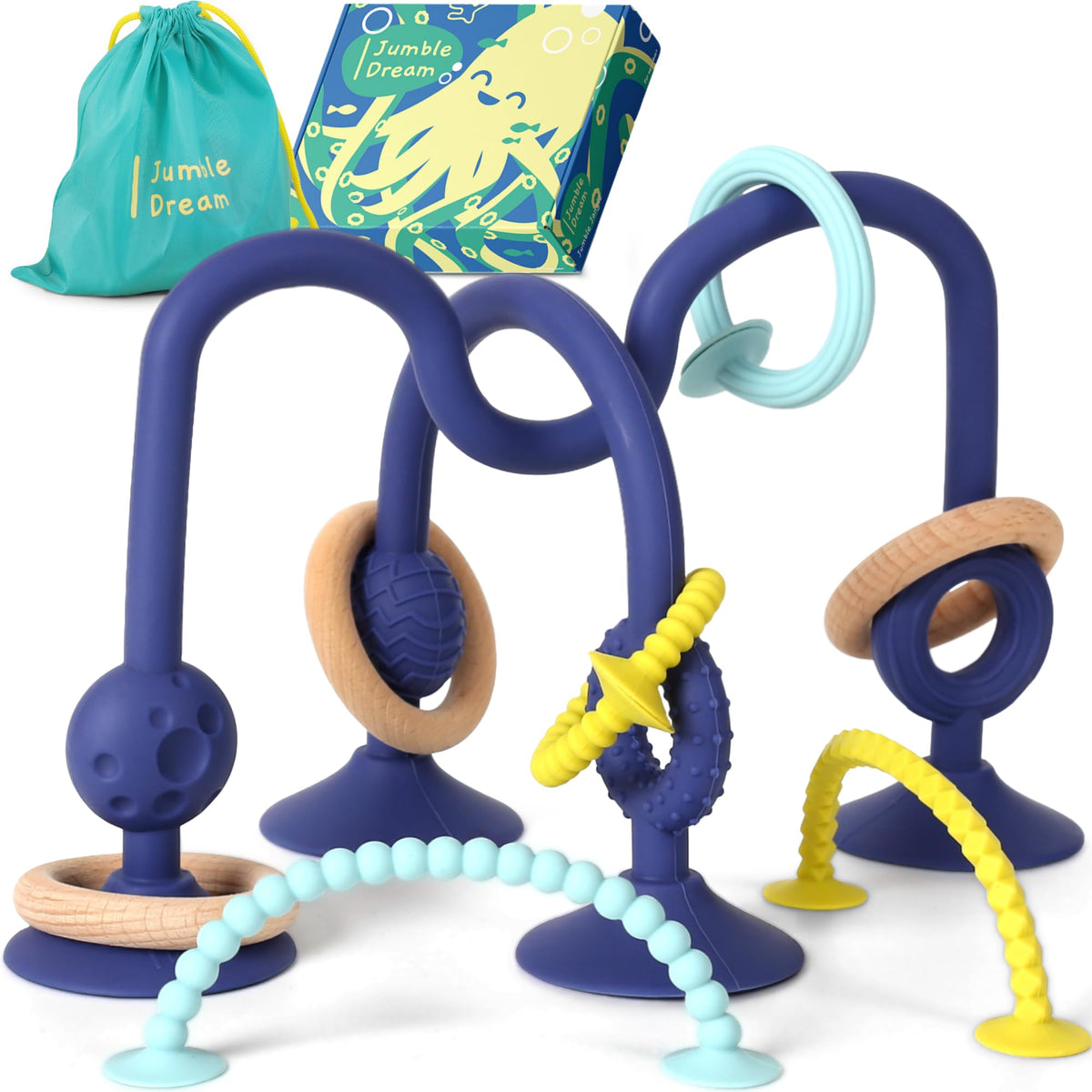 Jumble Dream Jangle teether with suction attached to high chair for mess-free mealtime.