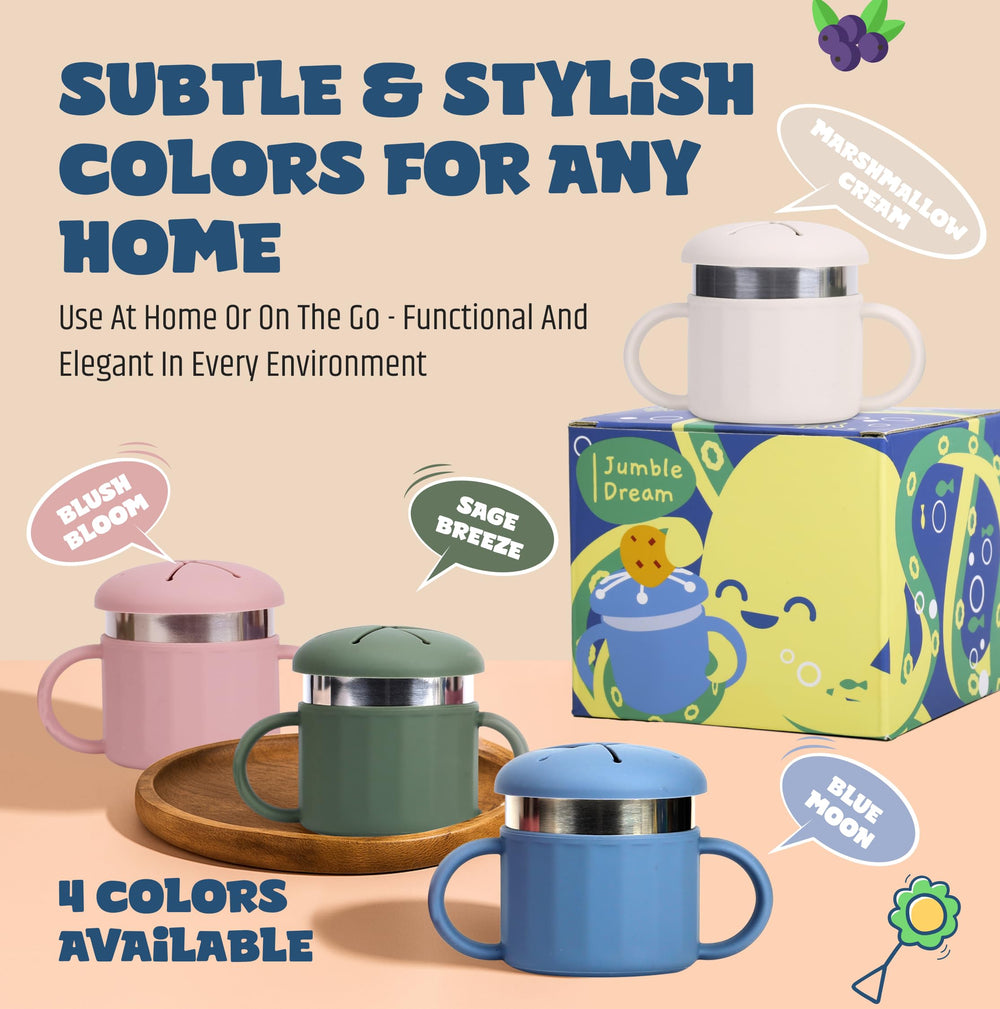 Jumble Dream snack cup 5in height emphasizes compact toddler-friendly size.