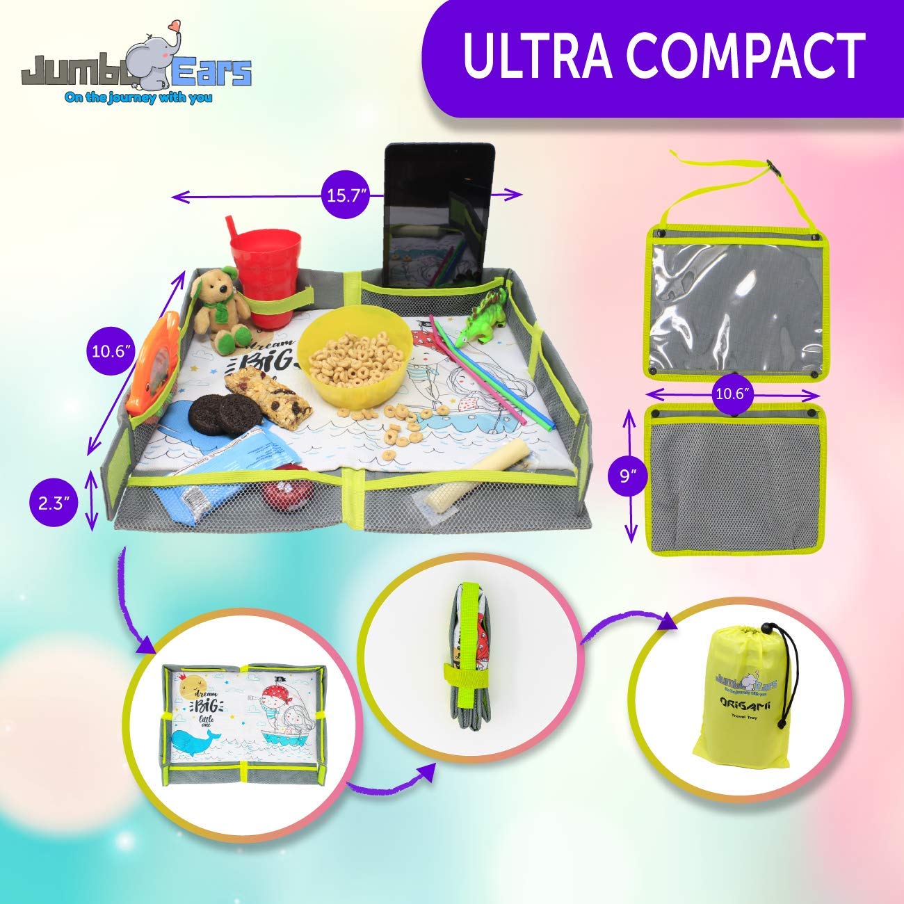 Jumbo Ears Origami travel tray gray during setup with detachable tablet holder.