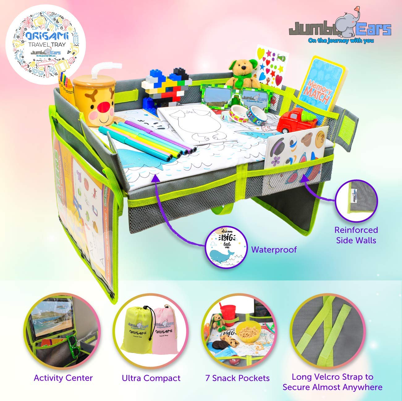 Jumbo Ears Origami travel tray gray side pockets organize chargers and small toys.