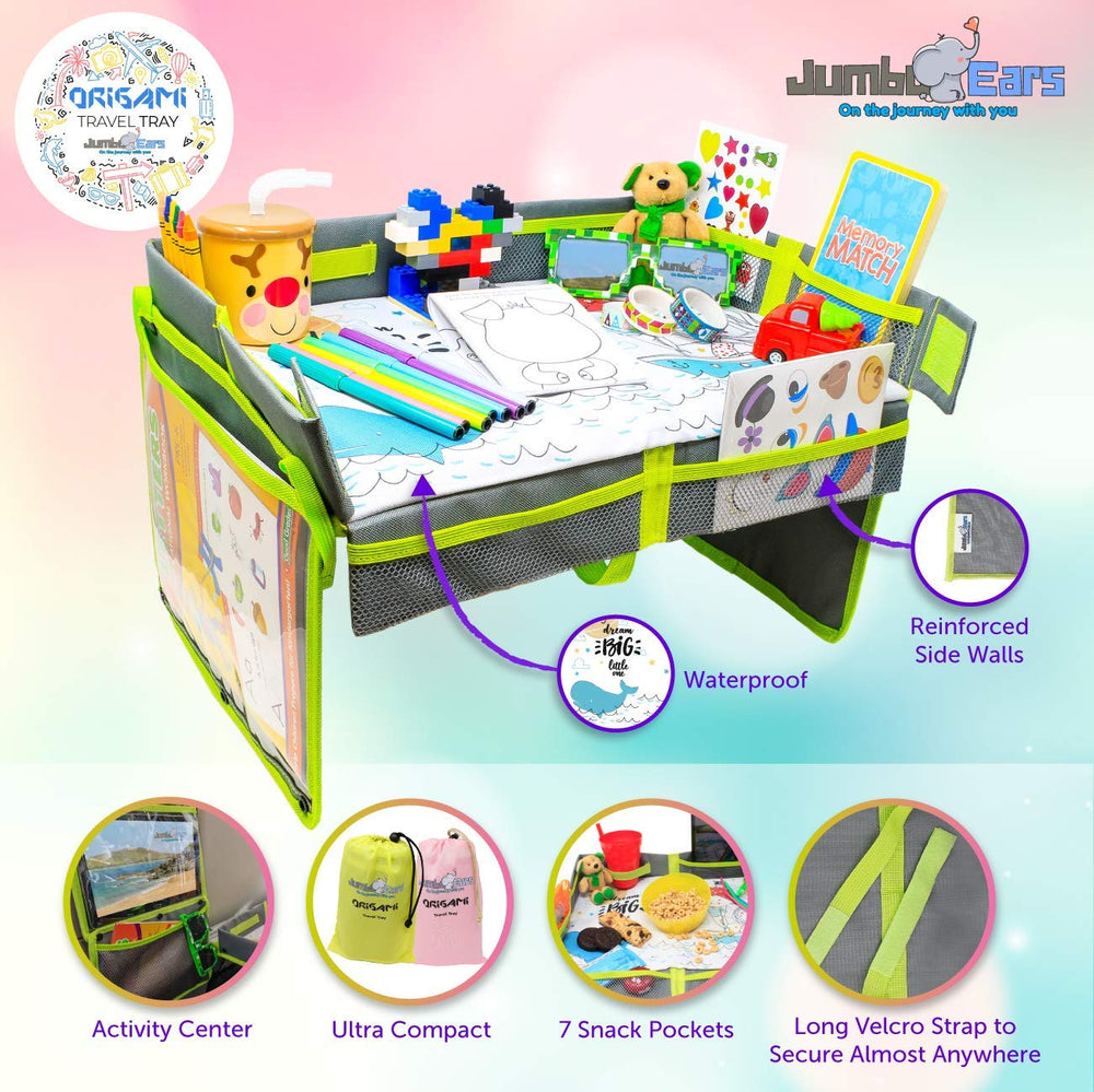 Jumbo Ears Origami travel tray gray side pockets organize chargers and small toys.