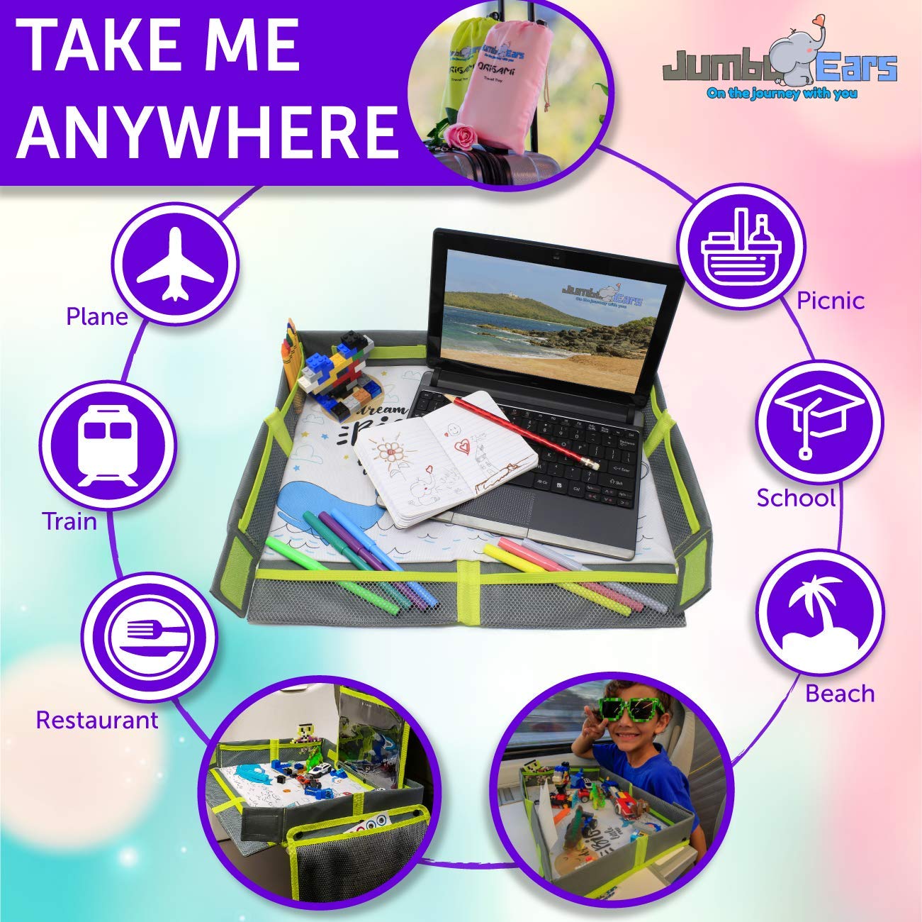 Jumbo Ears Origami travel tray gray spill-proof surface for mess-free trips.