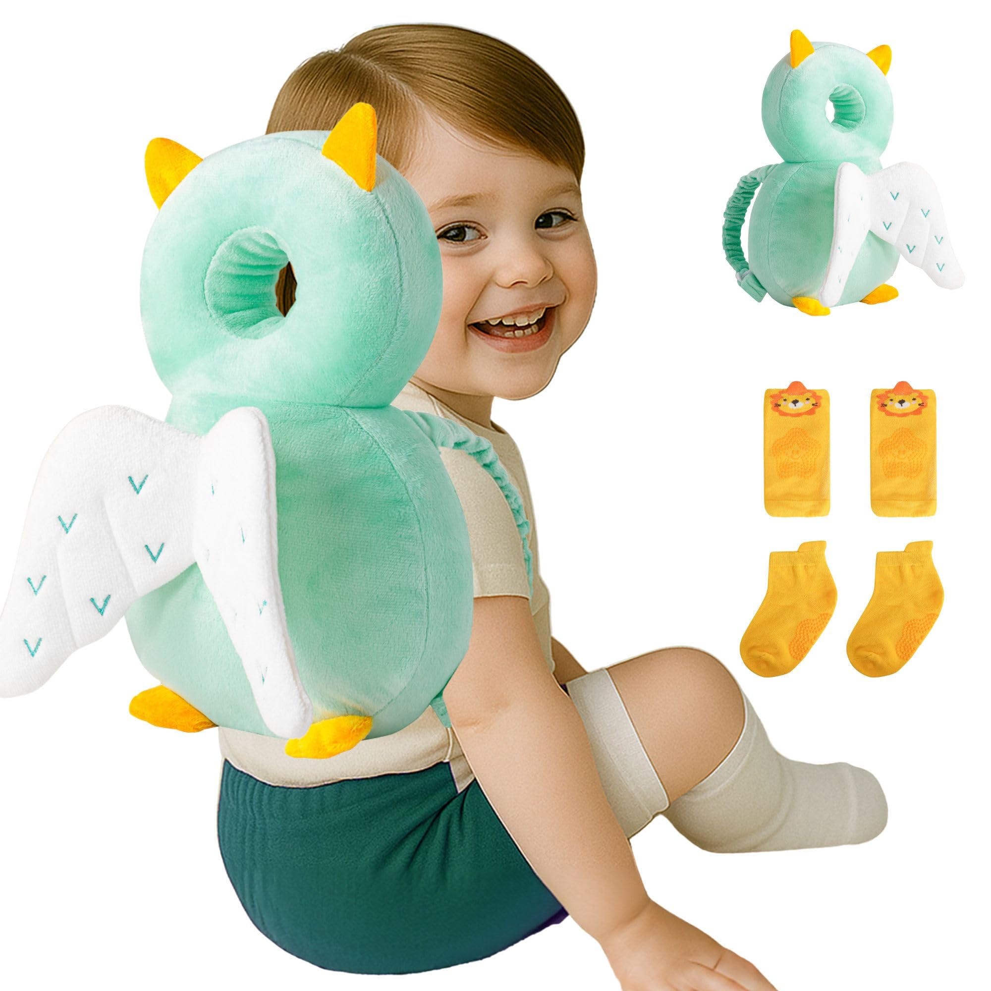 JumiLux Mint Owl baby head protector backpack guards little heads during early learning.