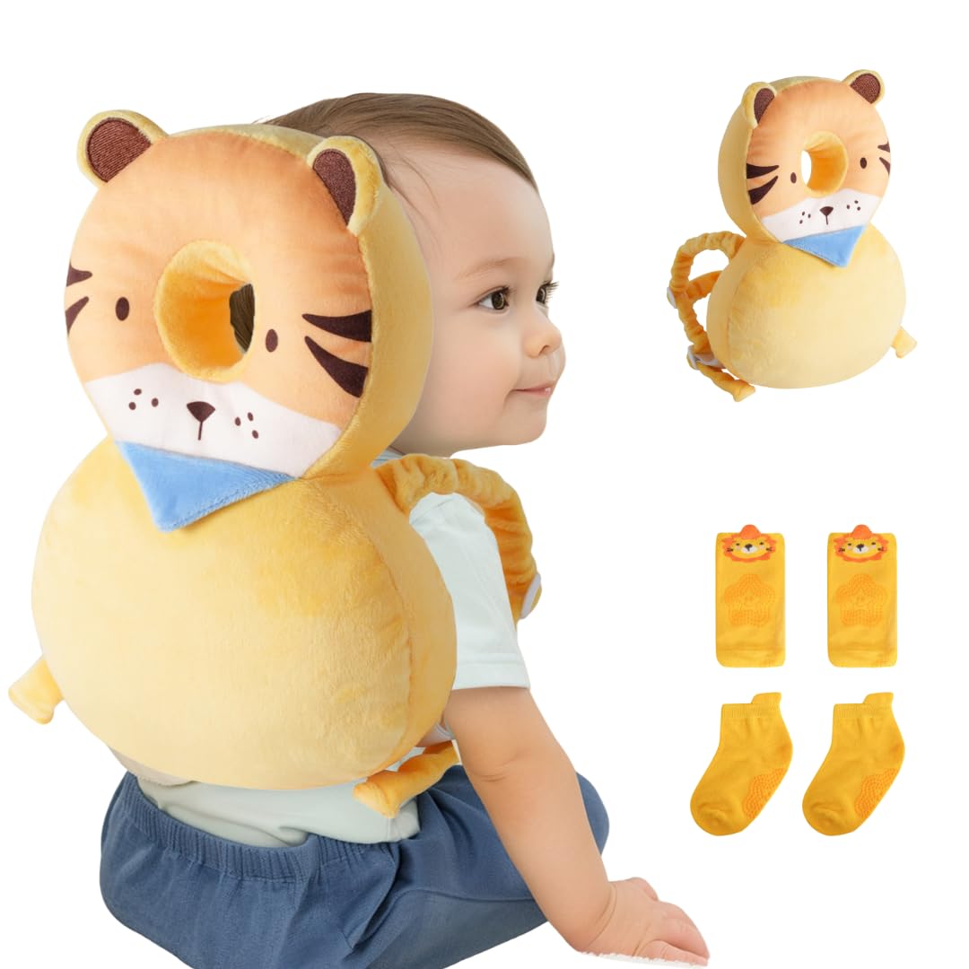 JumiLux head protector backpack in yellow lion design for safer early steps.