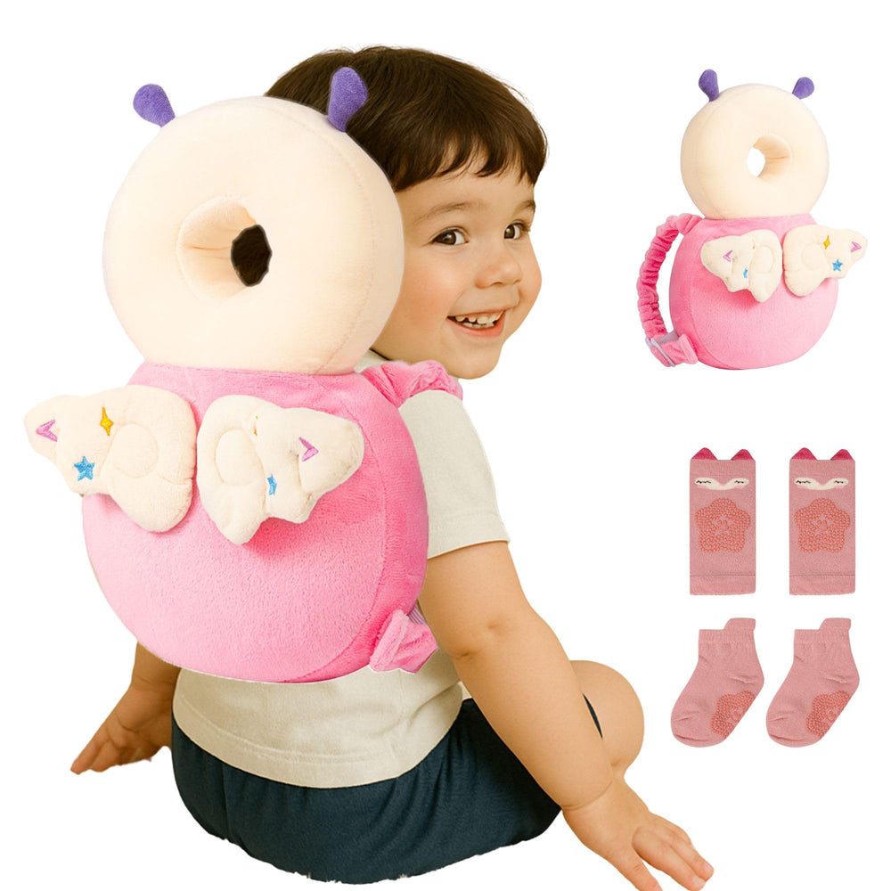 JumiLux baby head protector backpack shielding a toddler during learning moments