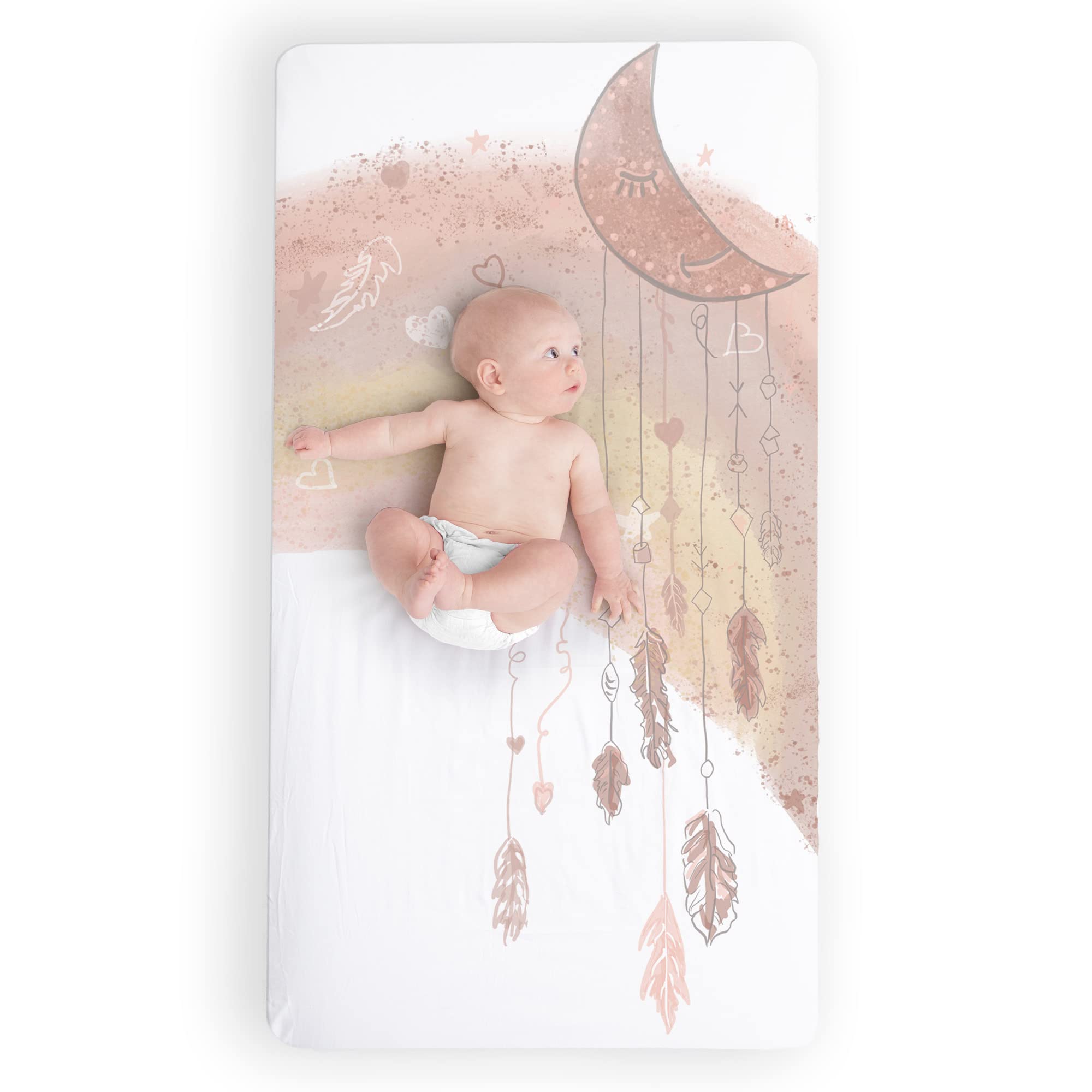 JumpOff Jo fitted crib sheet with snug elastic fit on a standard crib mattress