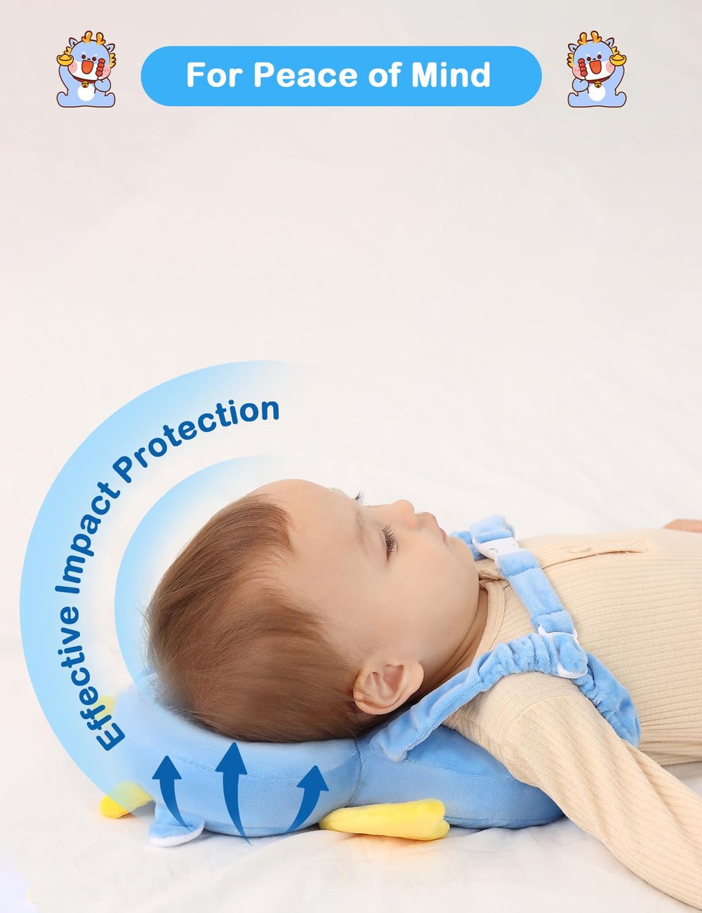 JunNeng blue dinosaur head protector, adjustable straps prevent slipping during playtime.