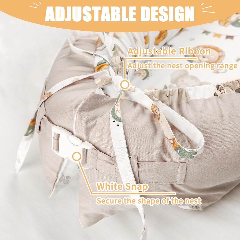 Adjustable ribbon helps tailor the nest opening for a snug fit.
