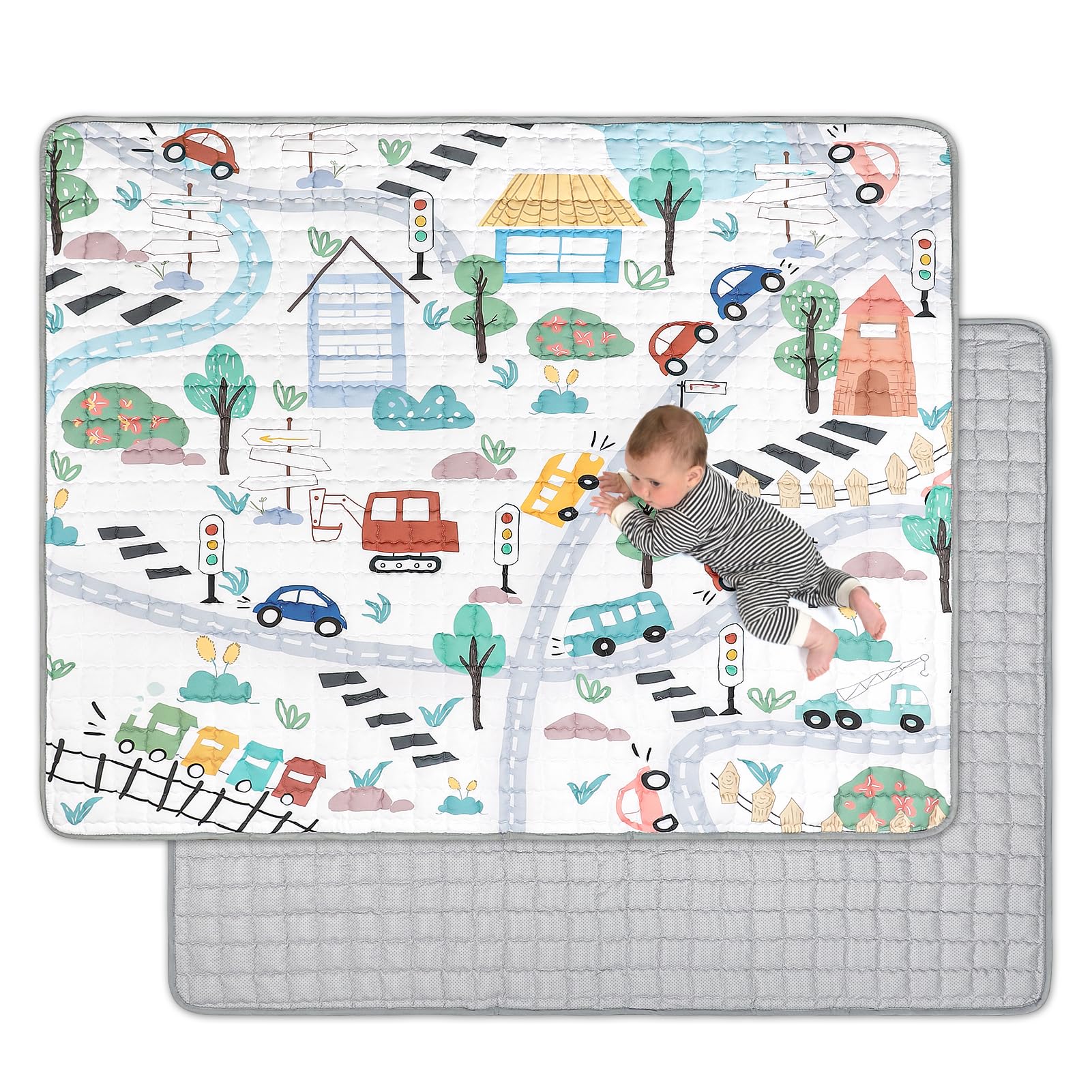 Jundetye baby play mat with road traffic pattern, ideal for engaging tummy time and exploration