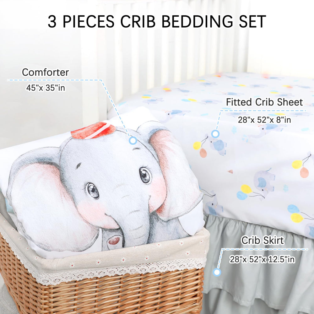 Jundetye gray crib skirt enhances nursery look and concealed storage.