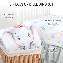 Jundetye gray crib skirt enhances nursery look and concealed storage.
