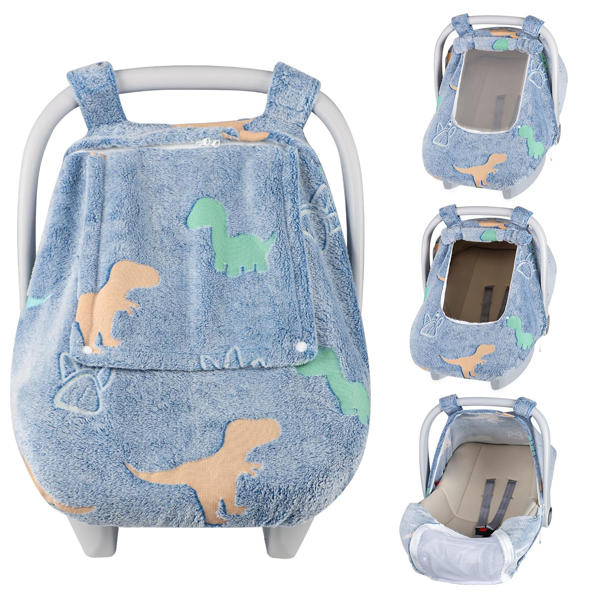 Jundetye blue dinosaur car seat cover with breathable fabric for comfort.