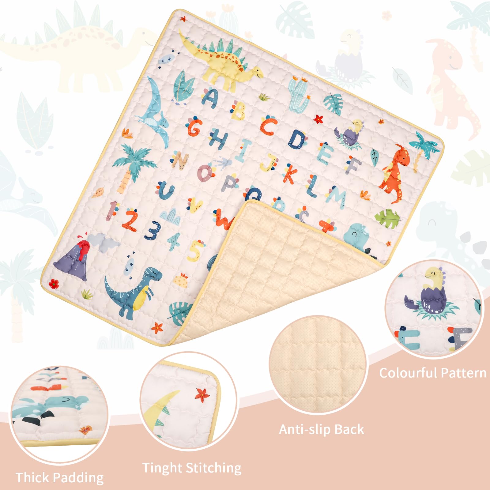 Jundetye dinosaur pattern and alphabet visuals engage babies during play.