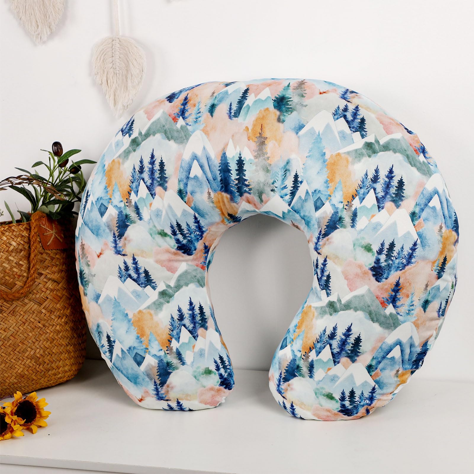 Jundetye Fall Mountain pillow cover detail enhances nursery decor.