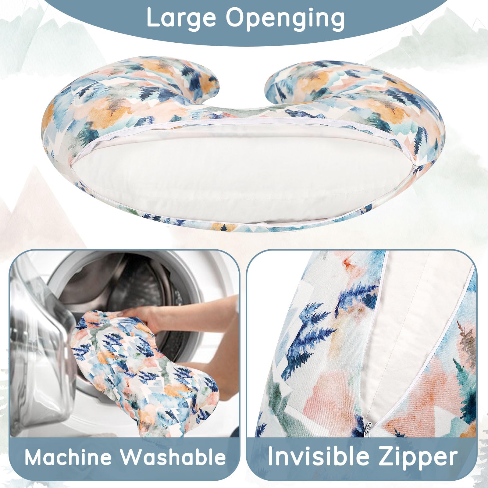 Jundetye forest-design nursing pillow cover close-up with concealed zipper.