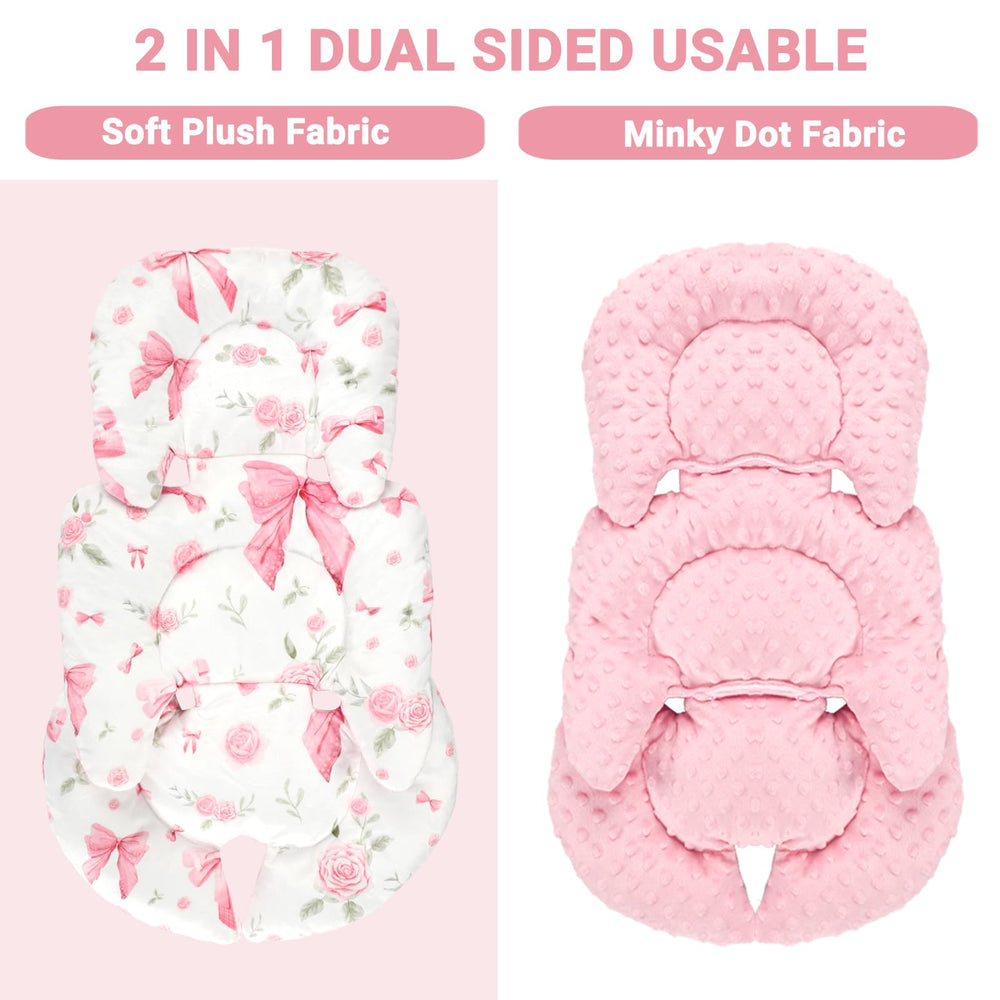Jundetye head support in pink rose keeps baby's head stable during rides.