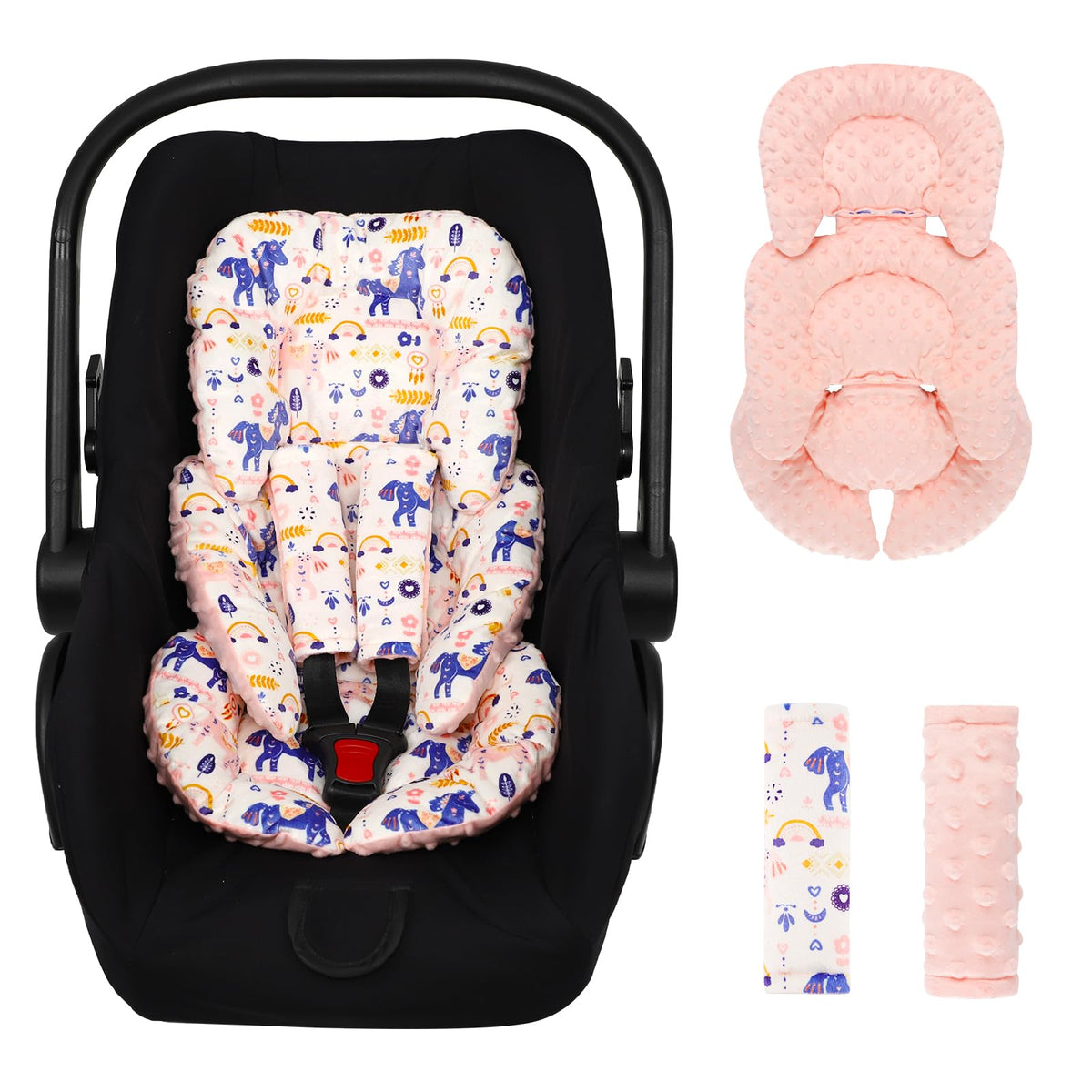 Jundetye infant car seat insert provides soft head and body support.