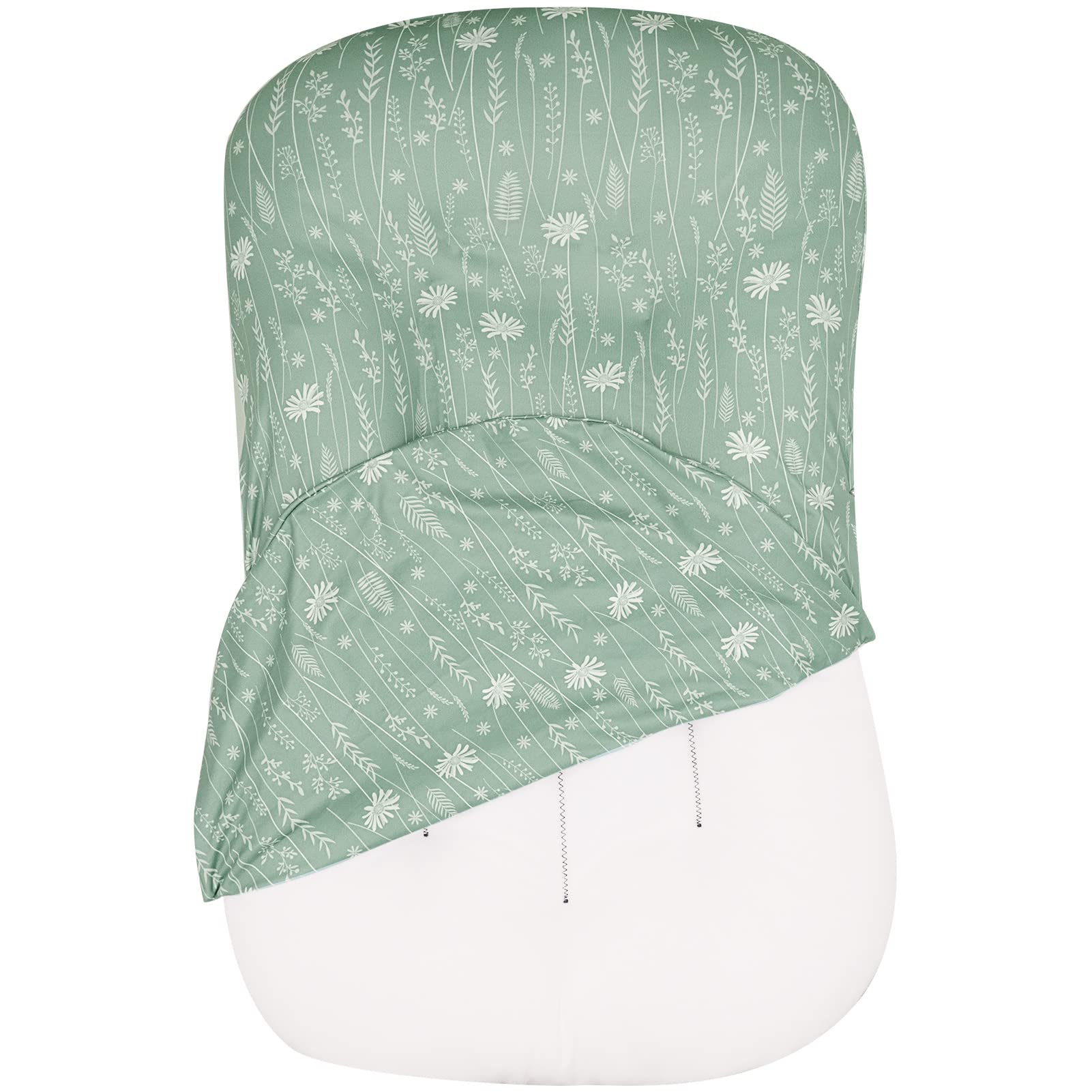 Jundetye newborn lounger cover in sage green with dandelion print closeup showing the soft fabric.