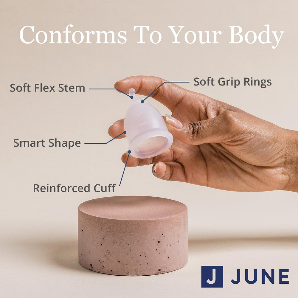 June Cup flexible fit contours with the body for leak-free protection during activities.