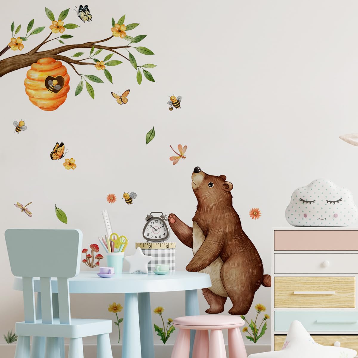 Jungle Animal Bear Wall Decals with honey bee hive add a bright, nature-inspired focal point.