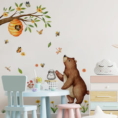 Jungle Animal Bear Wall Decals with honey bee hive add a bright, nature-inspired focal point.