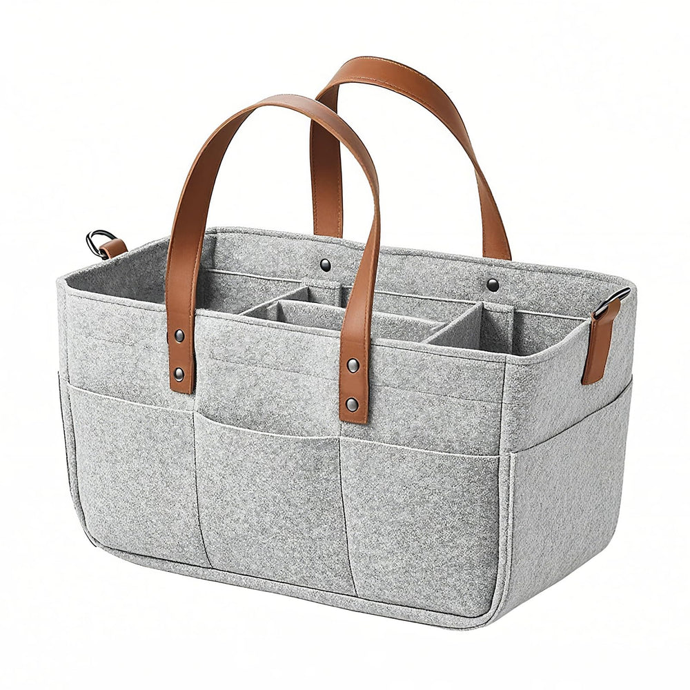 Juningxin nursery storage basket in grey keeps diaper essentials within reach.