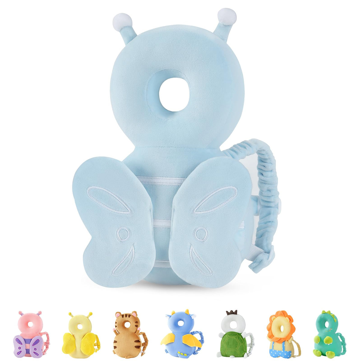 JunNeng baby head protector backpack with blue butterfly design for first steps and curls