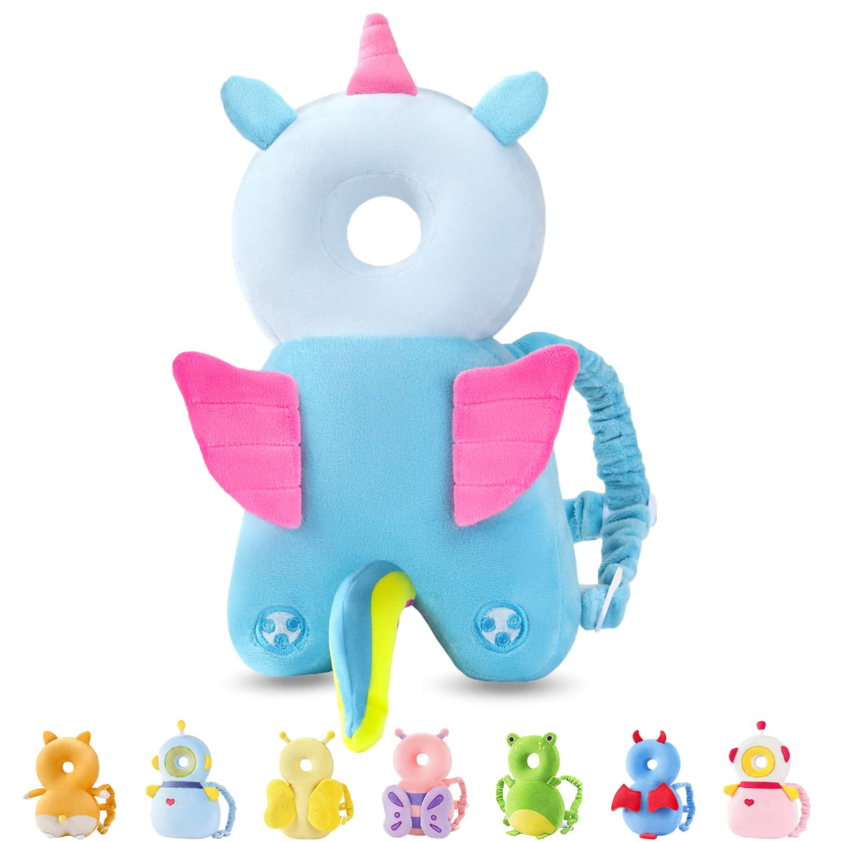 JunNeng baby head protector backpack in blue unicorn design for toddlers during walking