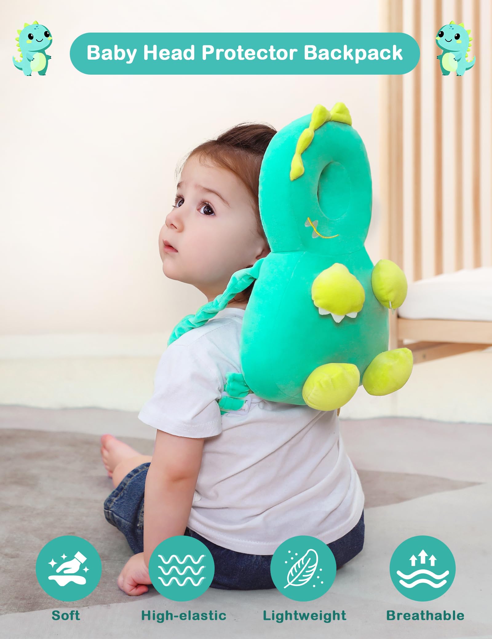JunNeng baby head protector backpack side view, highlighting cushioned comfort and lightweight construction.