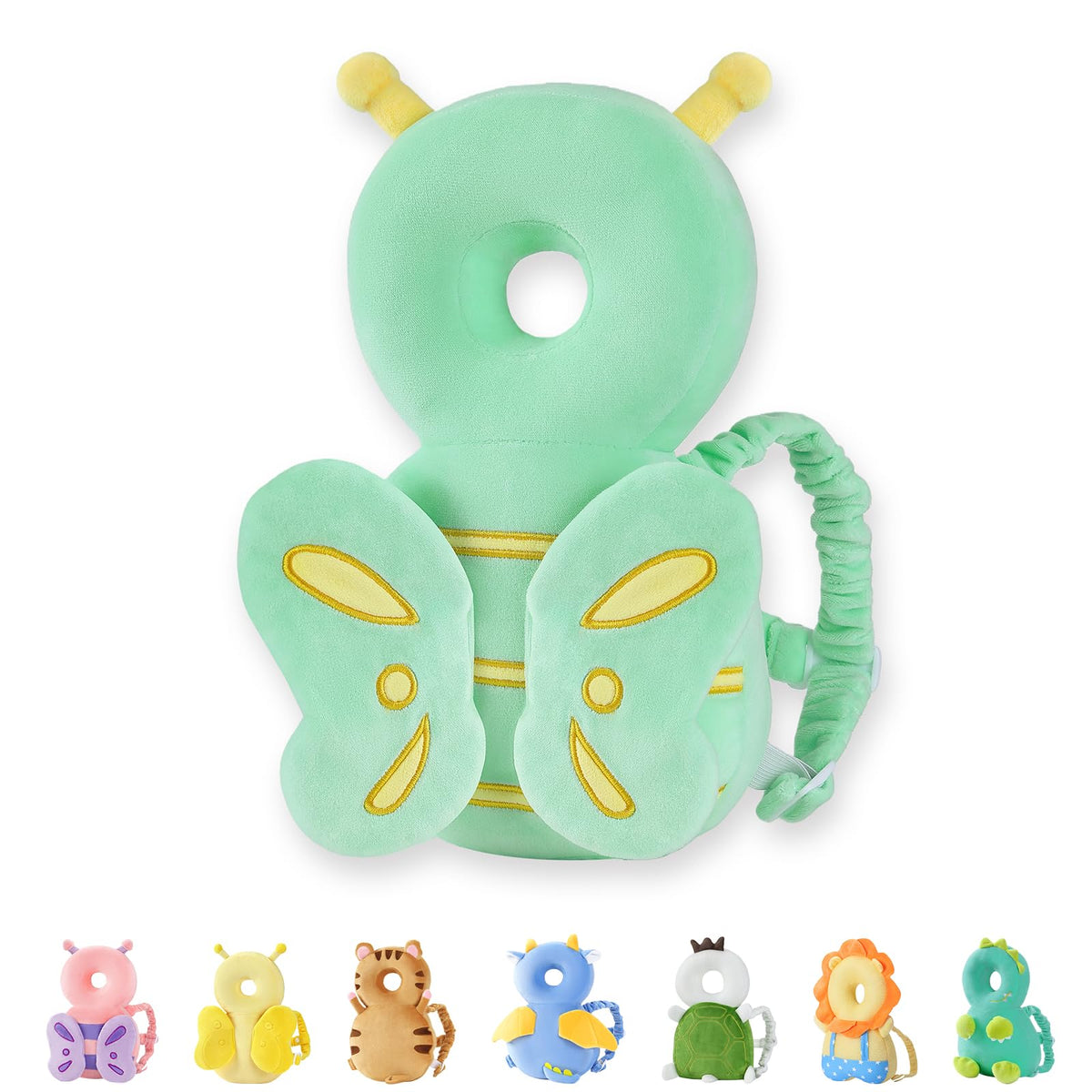 JunNeng head protector backpack with green butterfly, gentle padding for curious toddlers.