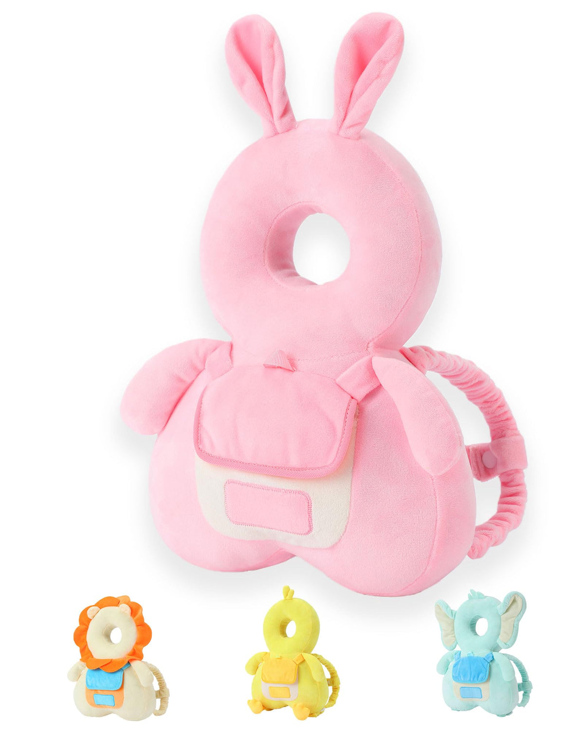 JunNeng baby head protector backpack with pink bunny and squeaker provides on-the-go head protection.